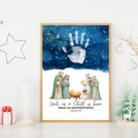 Christian Nativity Handprint Craft Printable | Starry Night Nativity Keepsake | Unto Us a Child Is Born Christmas Craft | Isaiah 9:6 Activity