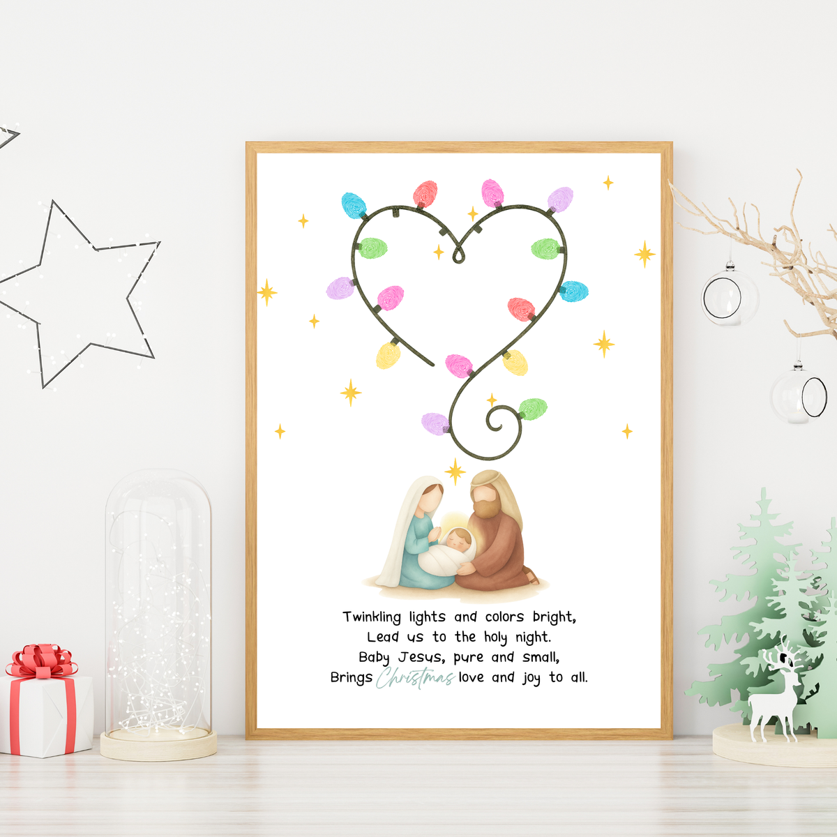 Christian Christmas Fingerprint Lights Craft | Baby Jesus Nativity Printable | Preschool Christmas Keepsake | Sunday School Fingerprint Activity