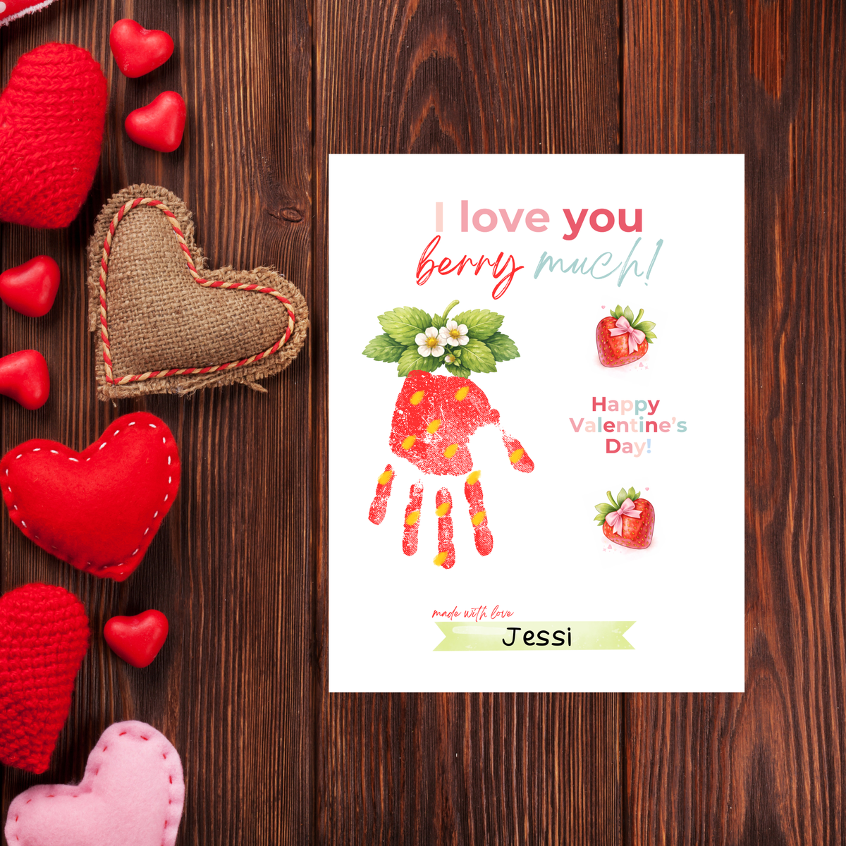 Valentine Strawberry Handprint Craft Printable | I Love You Berry Much | Kids Valentine Keepsake | Sweet Berry Art PDF