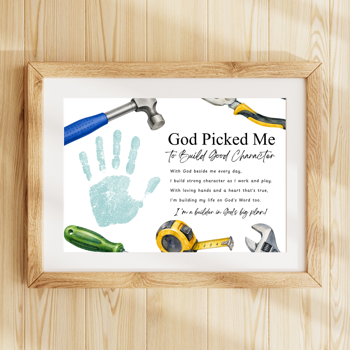 Christian VBS Construction Handprint Craft Printable | God Picked Me to Build Good Character | Vacation Bible School Keepsake Activity