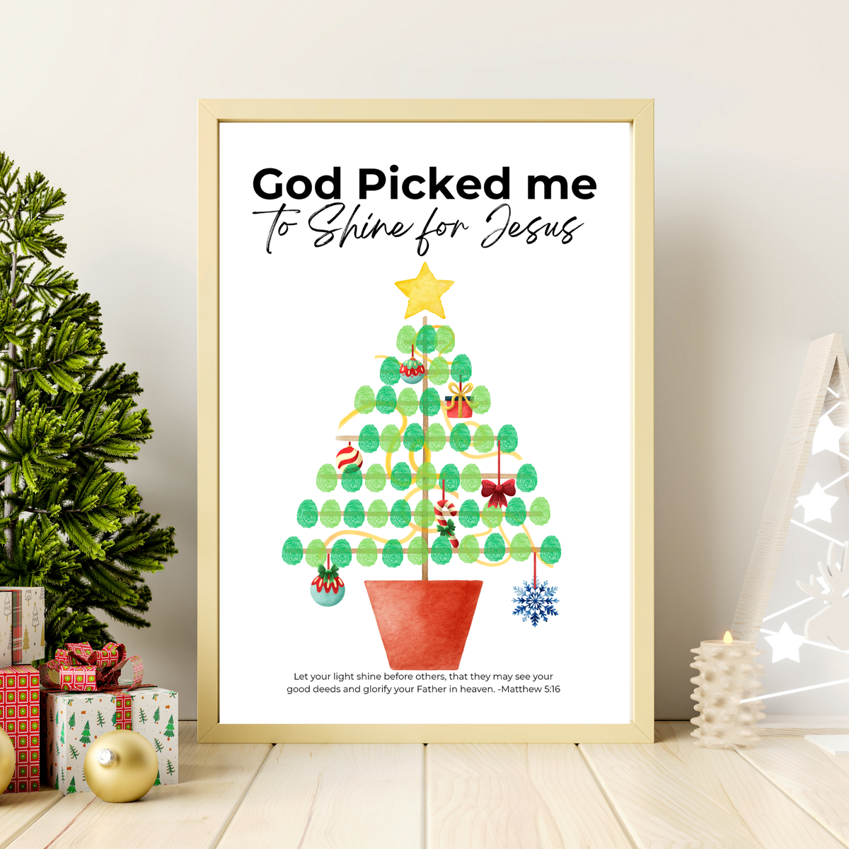 God Picked Me to Shine for Jesus Fingerprint Christmas Tree Craft Printable | Christian Christmas Fingerprint Activity | Faith-Based Kids Christmas Keepsake