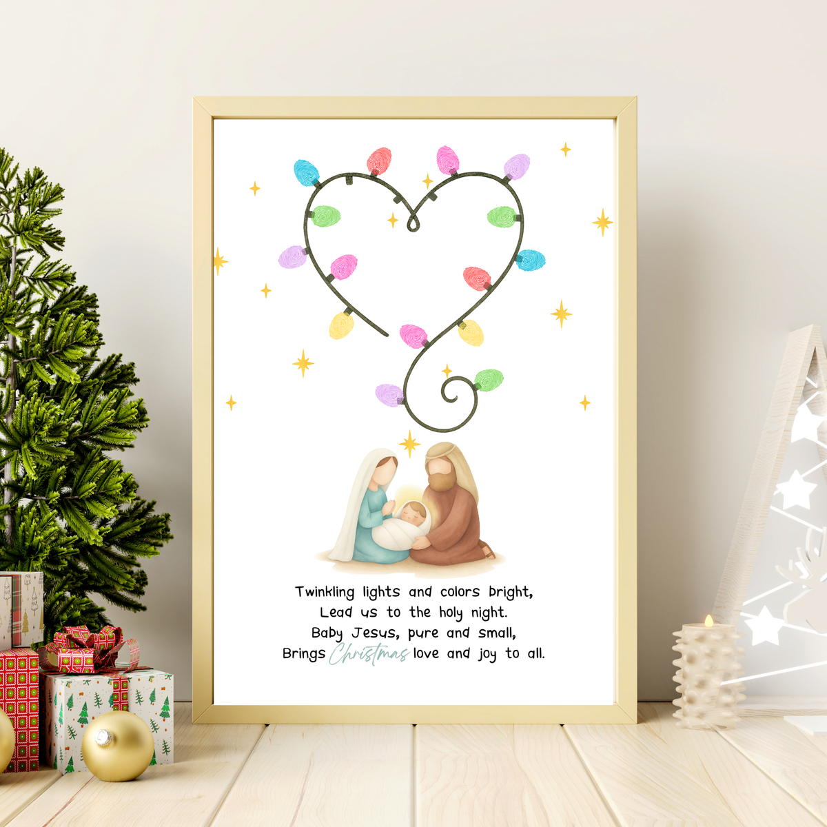 Christian Christmas Fingerprint Lights Craft | Baby Jesus Nativity Printable | Preschool Christmas Keepsake | Sunday School Fingerprint Activity