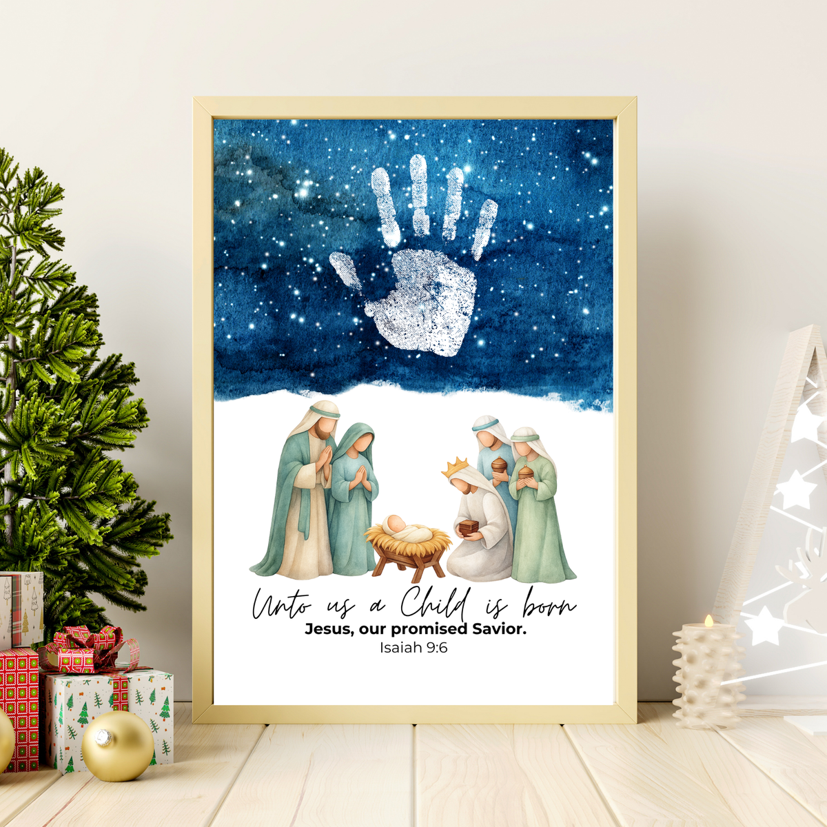 Christian Nativity Handprint Craft Printable | Starry Night Nativity Keepsake | Unto Us a Child Is Born Christmas Craft | Isaiah 9:6 Activity