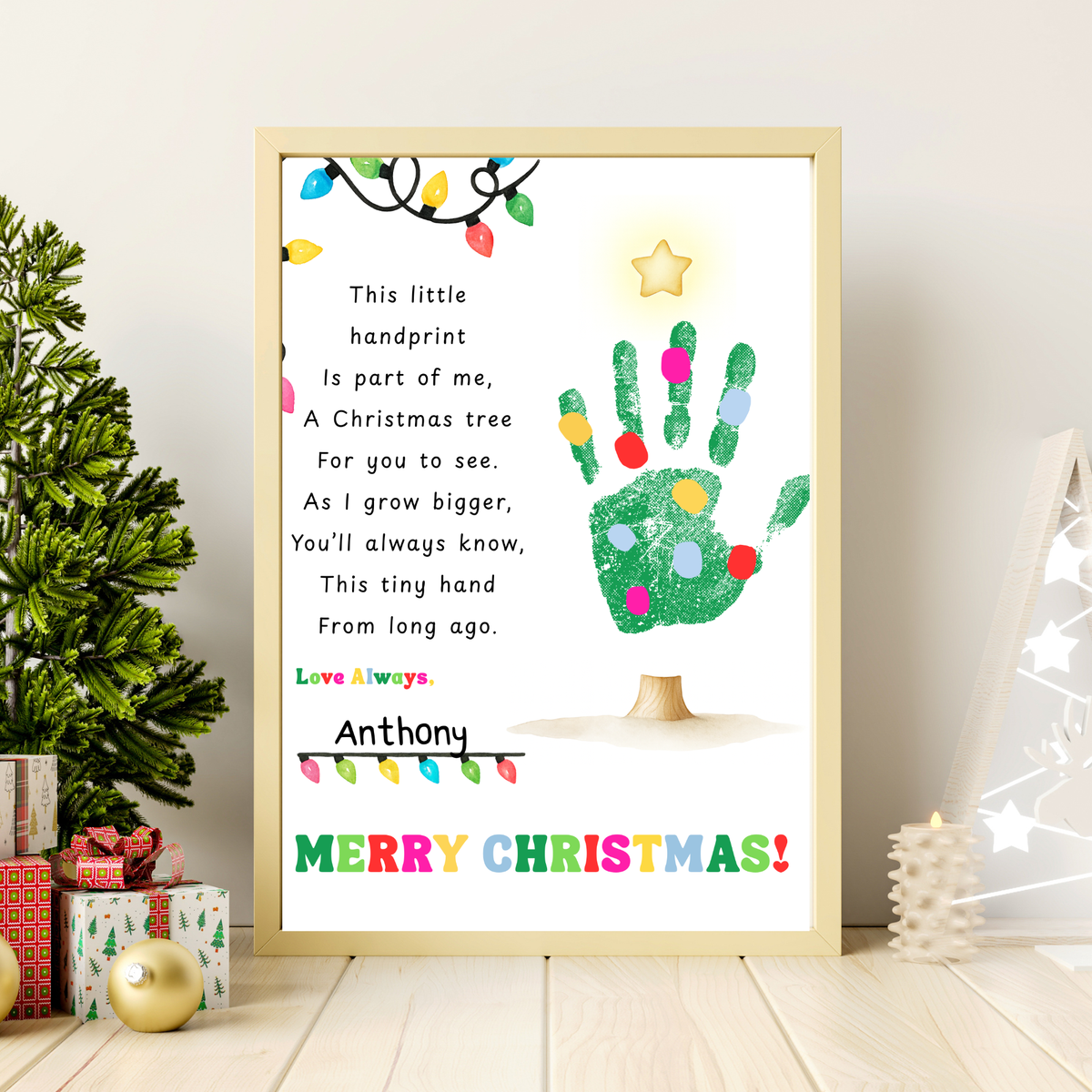 Christmas Tree Poem Handprint Craft Printable | Christmas Lights Handprint Keepsake | Preschool Christmas Activity | Kids Holiday Craft