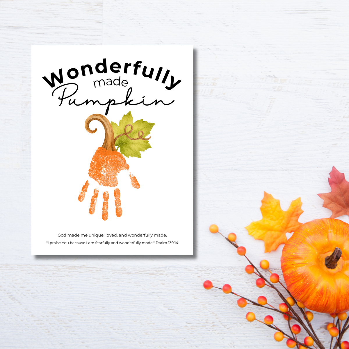 Wonderfully Made Handprint Pumpkin Craft Printable | Christian Fall Keepsake | Psalm 139:14 Preschool Autumn Activity