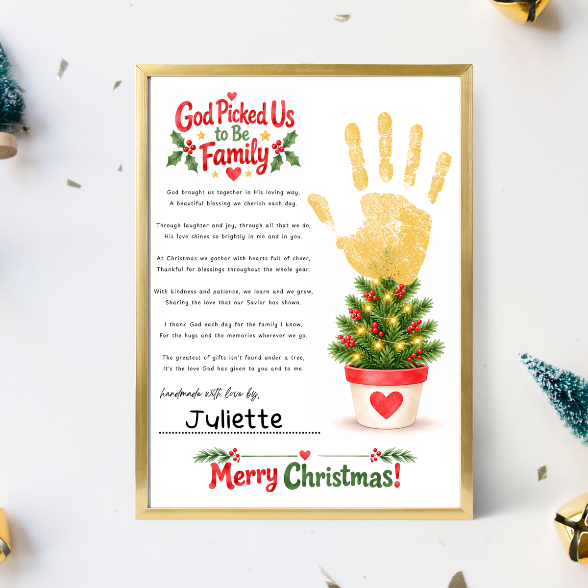 God Picked Us to Be Family Christmas Handprint Craft | Christian Family Keepsake Printable
