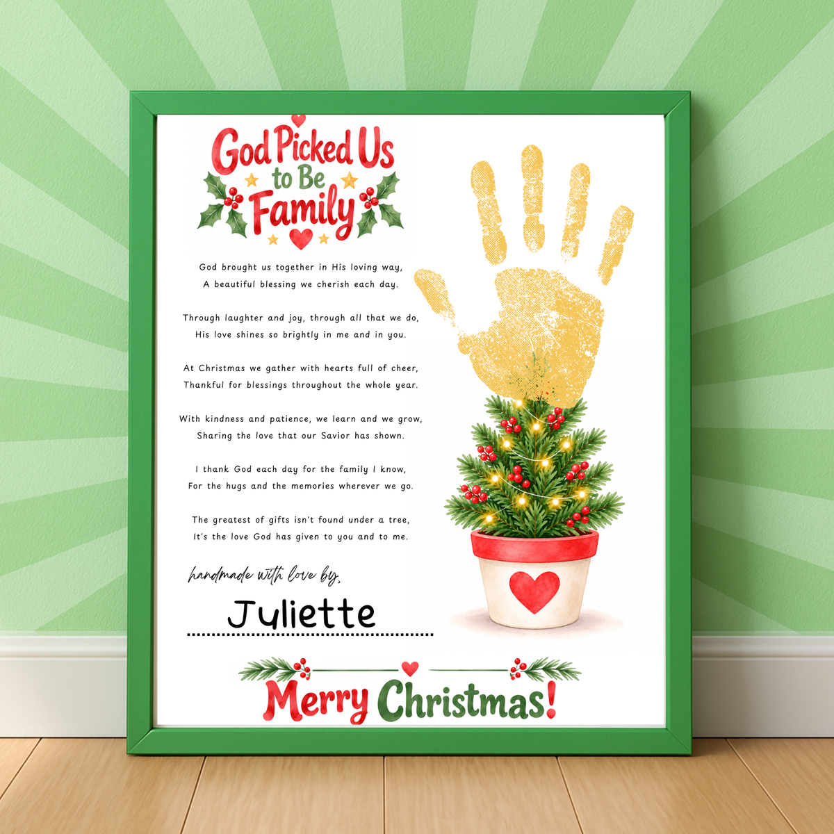 God Picked Us to Be Family Christmas Handprint Craft | Christian Family Keepsake Printable