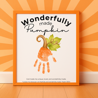 Wonderfully Made Handprint Pumpkin Craft Printable | Christian Fall Keepsake | Psalm 139:14 Preschool Autumn Activity