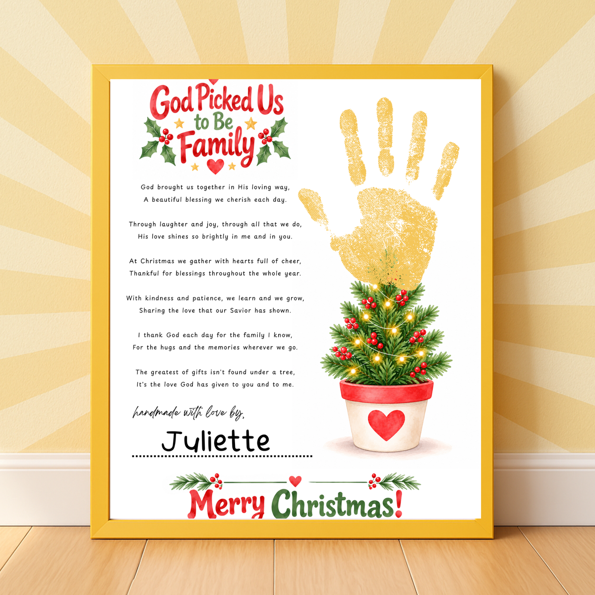 God Picked Us to Be Family Christmas Handprint Craft | Christian Family Keepsake Printable