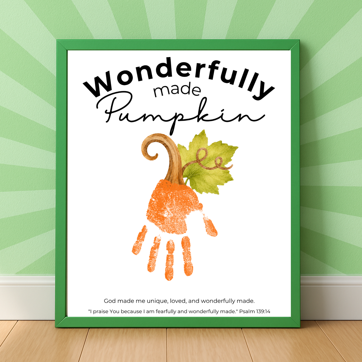 Wonderfully Made Handprint Pumpkin Craft Printable | Christian Fall Keepsake | Psalm 139:14 Preschool Autumn Activity