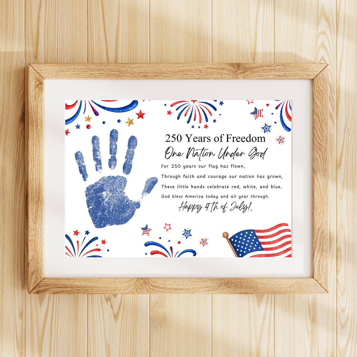 Christian July 4th Poem Handprint Craft Printable, 250 Years of Freedom, One Nation Under God, Patriotic Keepsake Activity for Kids