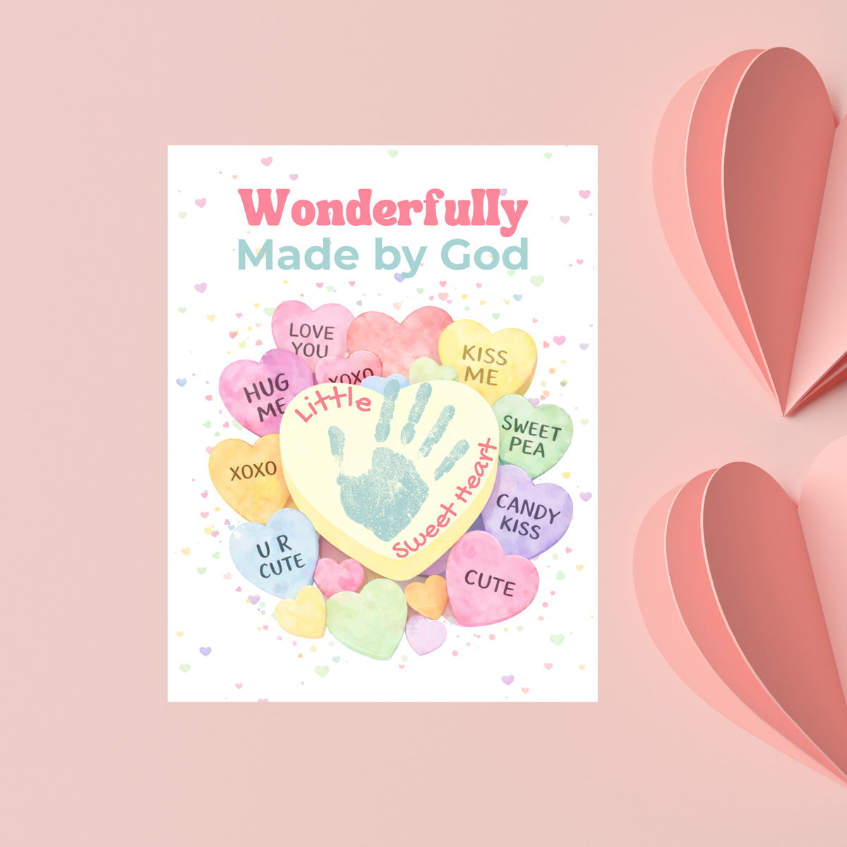 Faith-Based Valentine Heart Candy Handprint Craft Printable | Wonderfully Made by God Keepsake | Psalm 139:14 Valentine PDF