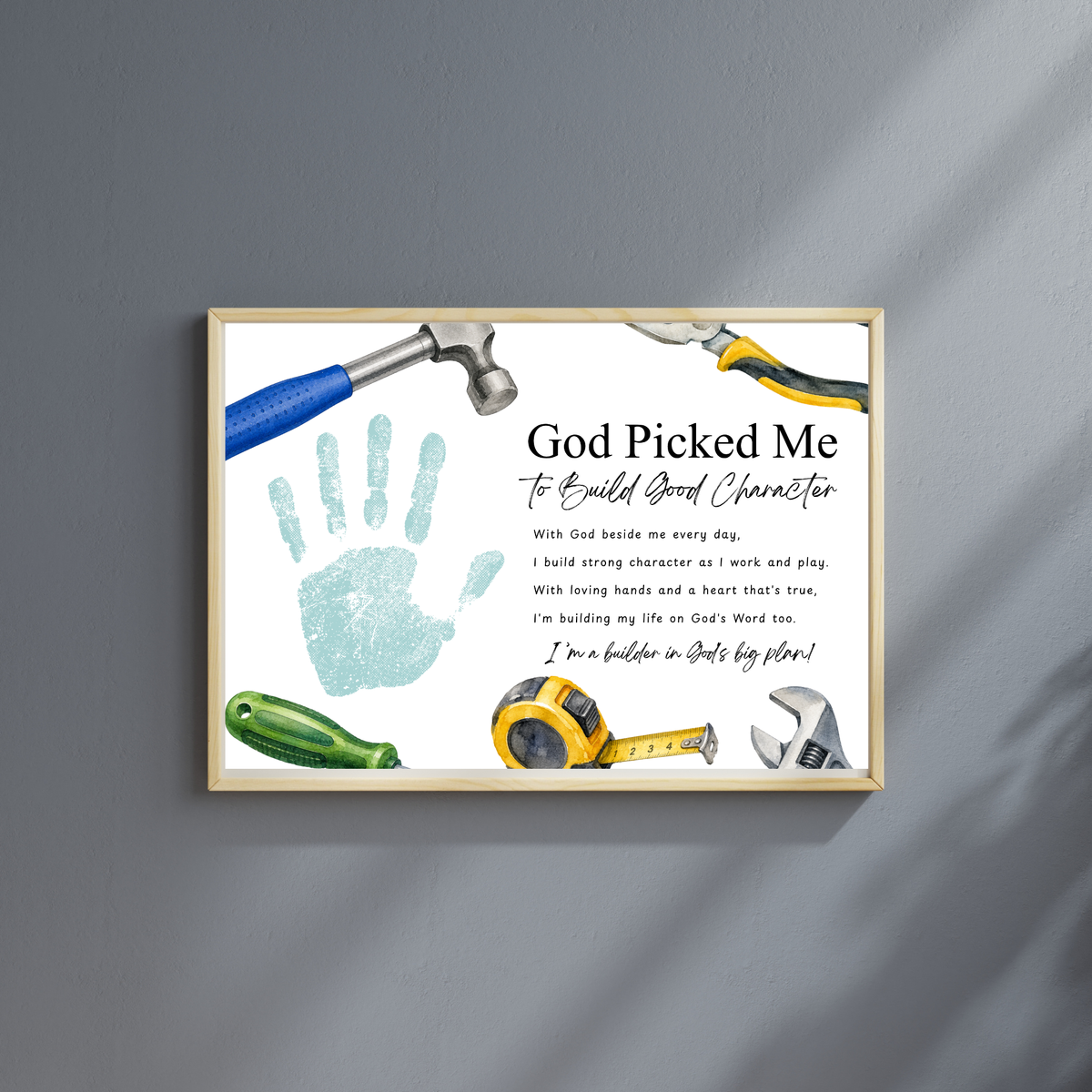 Christian VBS Construction Handprint Craft Printable | God Picked Me to Build Good Character | Vacation Bible School Keepsake Activity