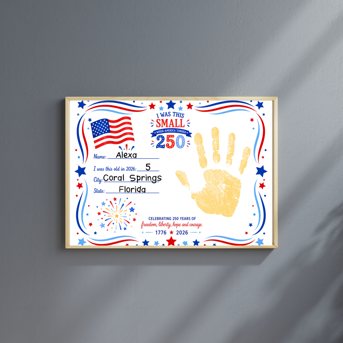 250 Years of Freedom Handprint Craft Printable, Happy Birthday America Keepsake, I Was This Small When America Turned 250, July 4th Activity
