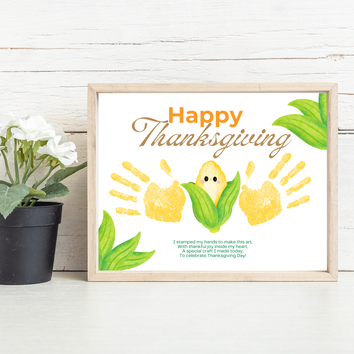 Happy Thanksgiving Corn Handprint Craft Printable, Thanksgiving Keepsake, Baby's First Thanksgiving, Preschool Fall Harvest Activity