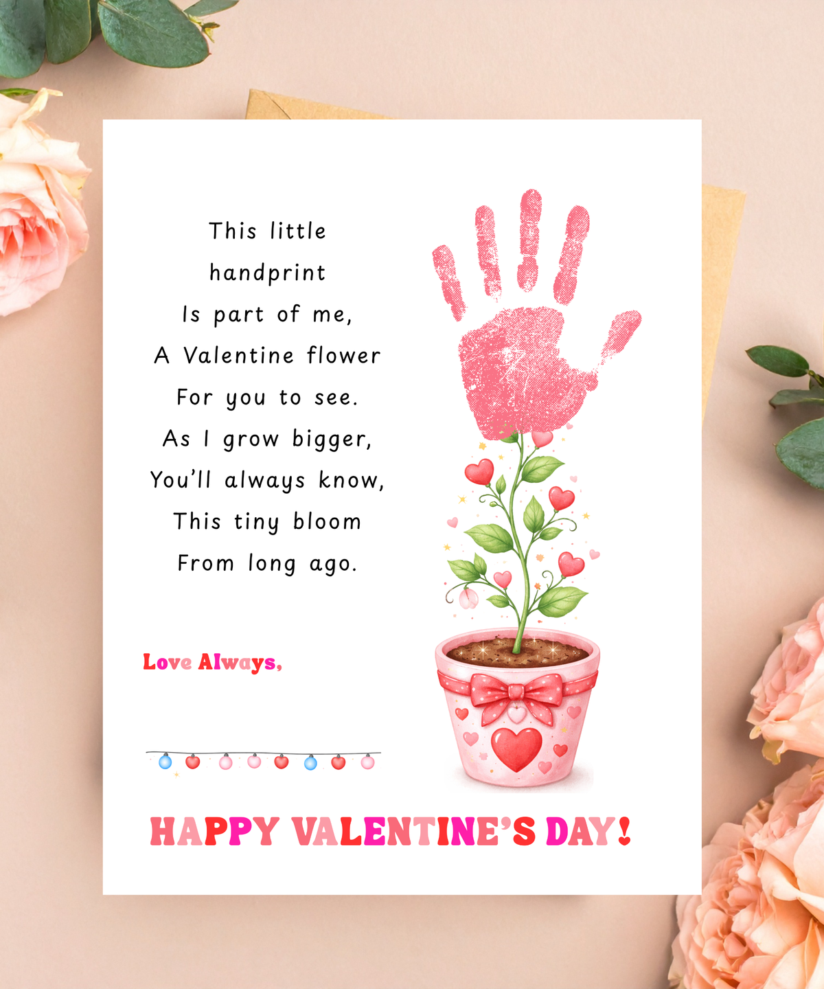 Valentine’s Day Handprint Craft Printable for Kids | Keepsake Art | Valentine Flower Design