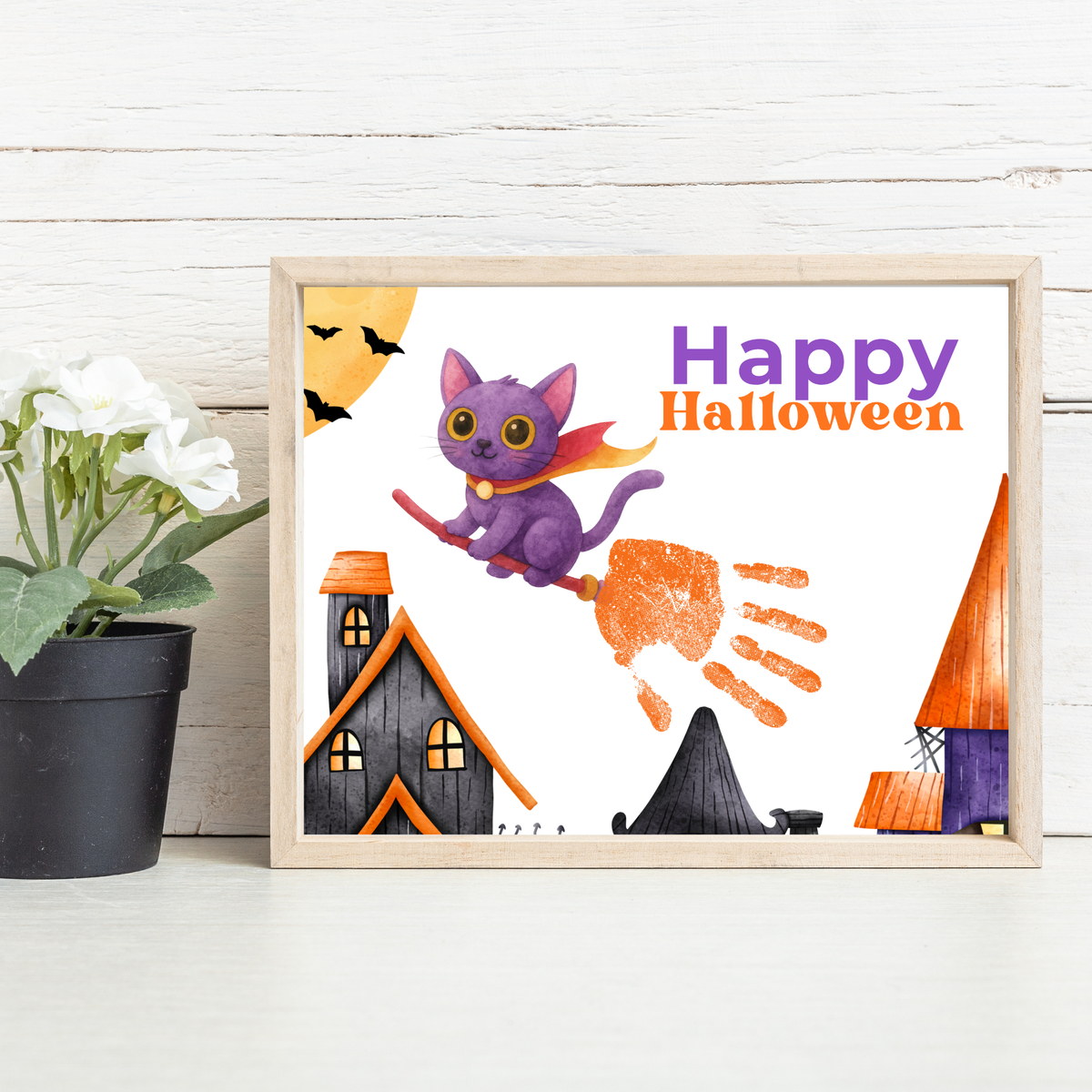 Happy Halloween Cat Handprint Craft Printable | Halloween Witch Cat Keepsake | Preschool Halloween Activity | Daycare & Classroom Fall Craft