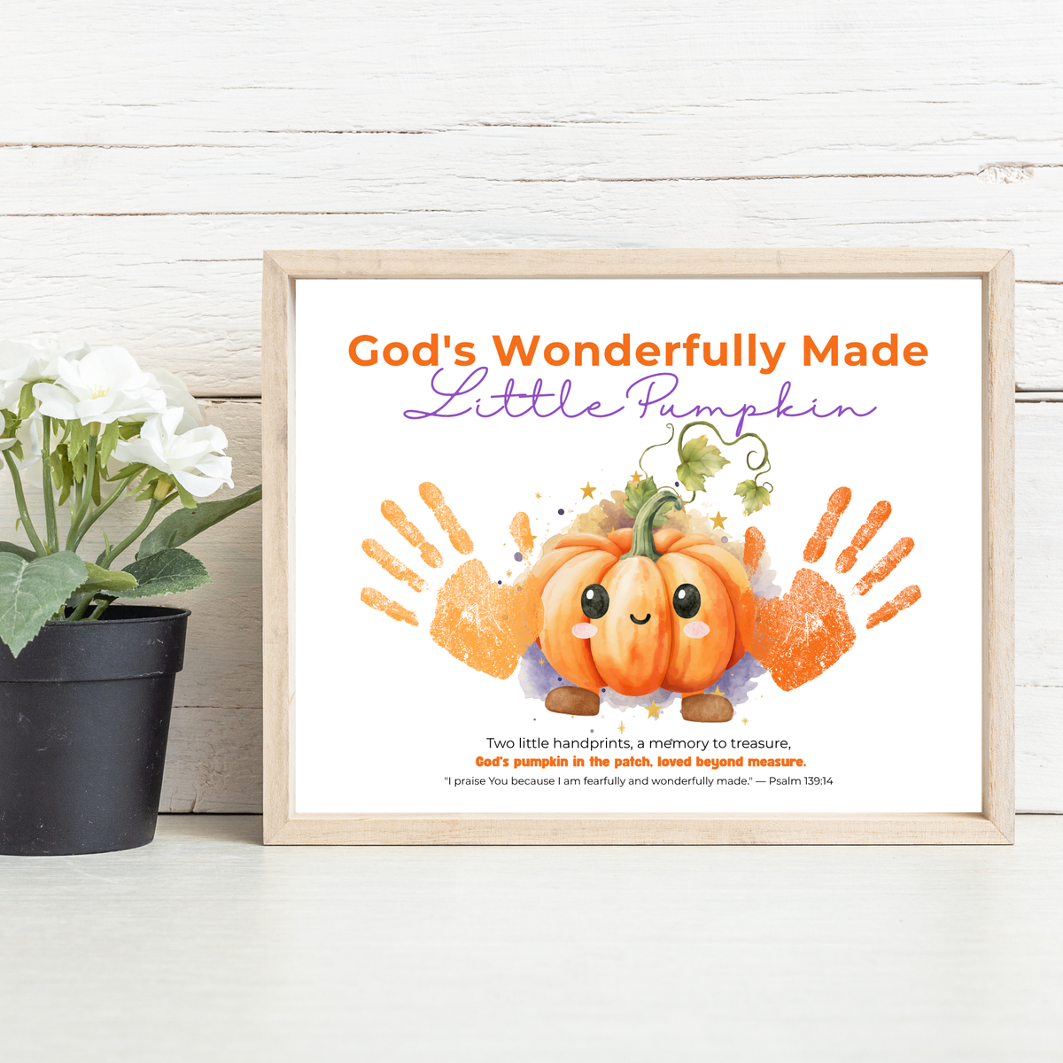 Christian Pumpkin Handprint Craft Printable | God's Wonderfully Made Little Pumpkin | Psalm 139:14 Fall Bible Keepsake for Kids
