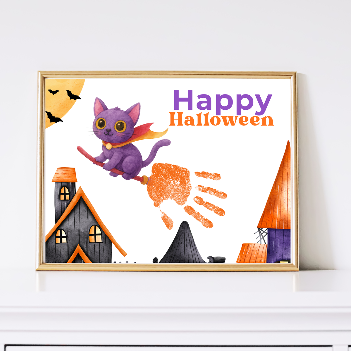 Happy Halloween Cat Handprint Craft Printable | Halloween Witch Cat Keepsake | Preschool Halloween Activity | Daycare & Classroom Fall Craft