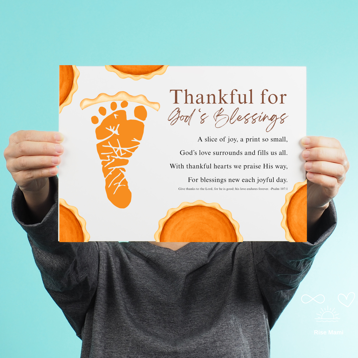 Thankful for God's Blessings Footprint Craft | Christian Thanksgiving Keepsake | Pumpkin Pie Footprint Printable | Psalm 107:1