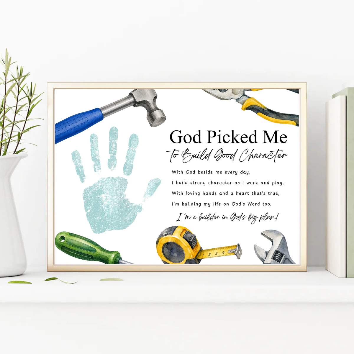 Christian VBS Construction Handprint Craft Printable | God Picked Me to Build Good Character | Vacation Bible School Keepsake Activity