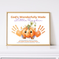 Christian Pumpkin Handprint Craft Printable | God's Wonderfully Made Little Pumpkin | Psalm 139:14 Fall Bible Keepsake for Kids