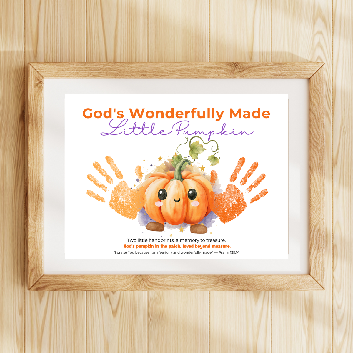 Christian Pumpkin Handprint Craft Printable | God's Wonderfully Made Little Pumpkin | Psalm 139:14 Fall Bible Keepsake for Kids