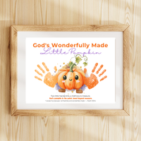 Christian Pumpkin Handprint Craft Printable | God's Wonderfully Made Little Pumpkin | Psalm 139:14 Fall Bible Keepsake for Kids