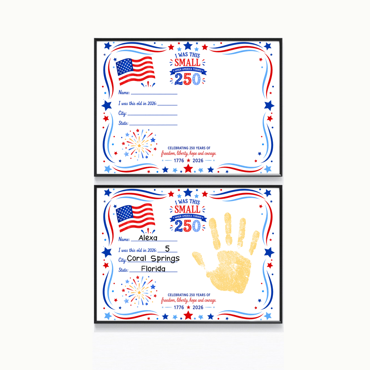 250 Years of Freedom Handprint Craft Printable, Happy Birthday America Keepsake, I Was This Small When America Turned 250, July 4th Activity