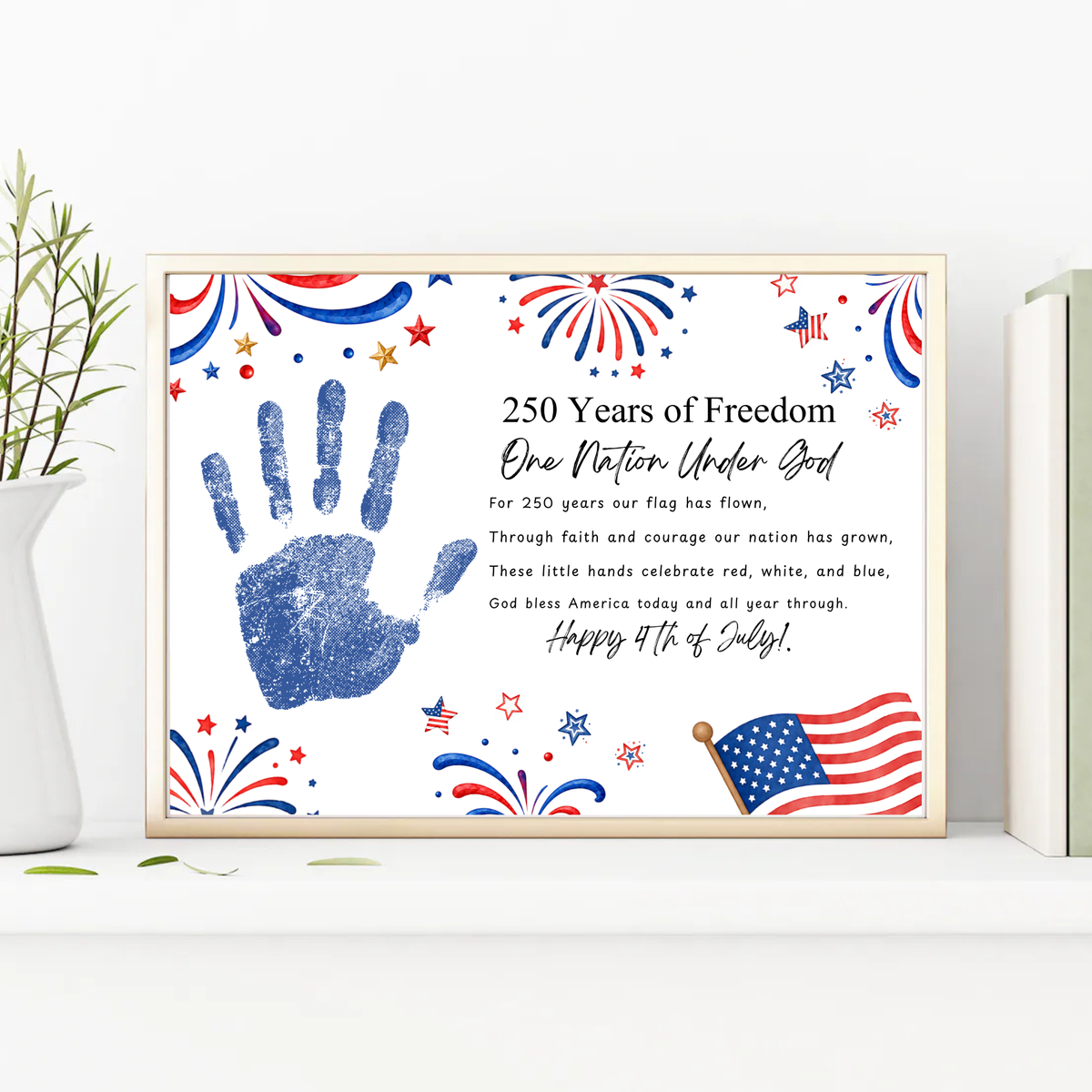 Christian July 4th Poem Handprint Craft Printable, 250 Years of Freedom, One Nation Under God, Patriotic Keepsake Activity for Kids