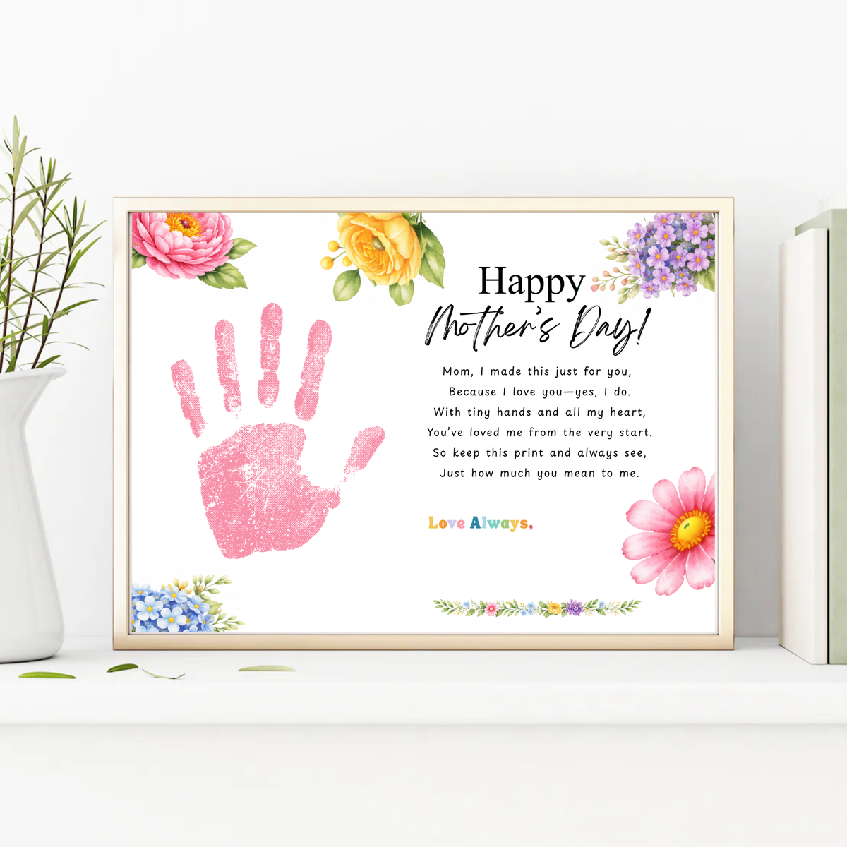 Mother’s Day Handprint Craft Printable | Happy Mother’s Day Keepsake Gift from Kids | Preschool DIY Handprint Art | Floral Mom Gift PDF