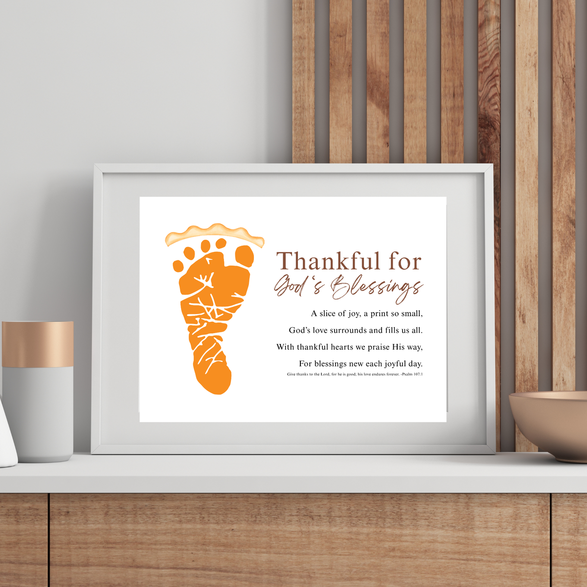 Thankful for God's Blessings Footprint Craft | Christian Thanksgiving Keepsake | Pumpkin Pie Footprint Printable | Psalm 107:1