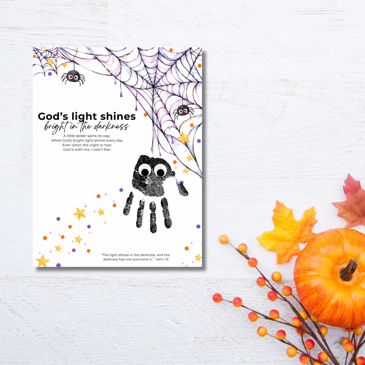 Christian Halloween Handprint Craft for Kids | God’s Light Shines Bright | Spider Bible Verse John 1:5 Printable