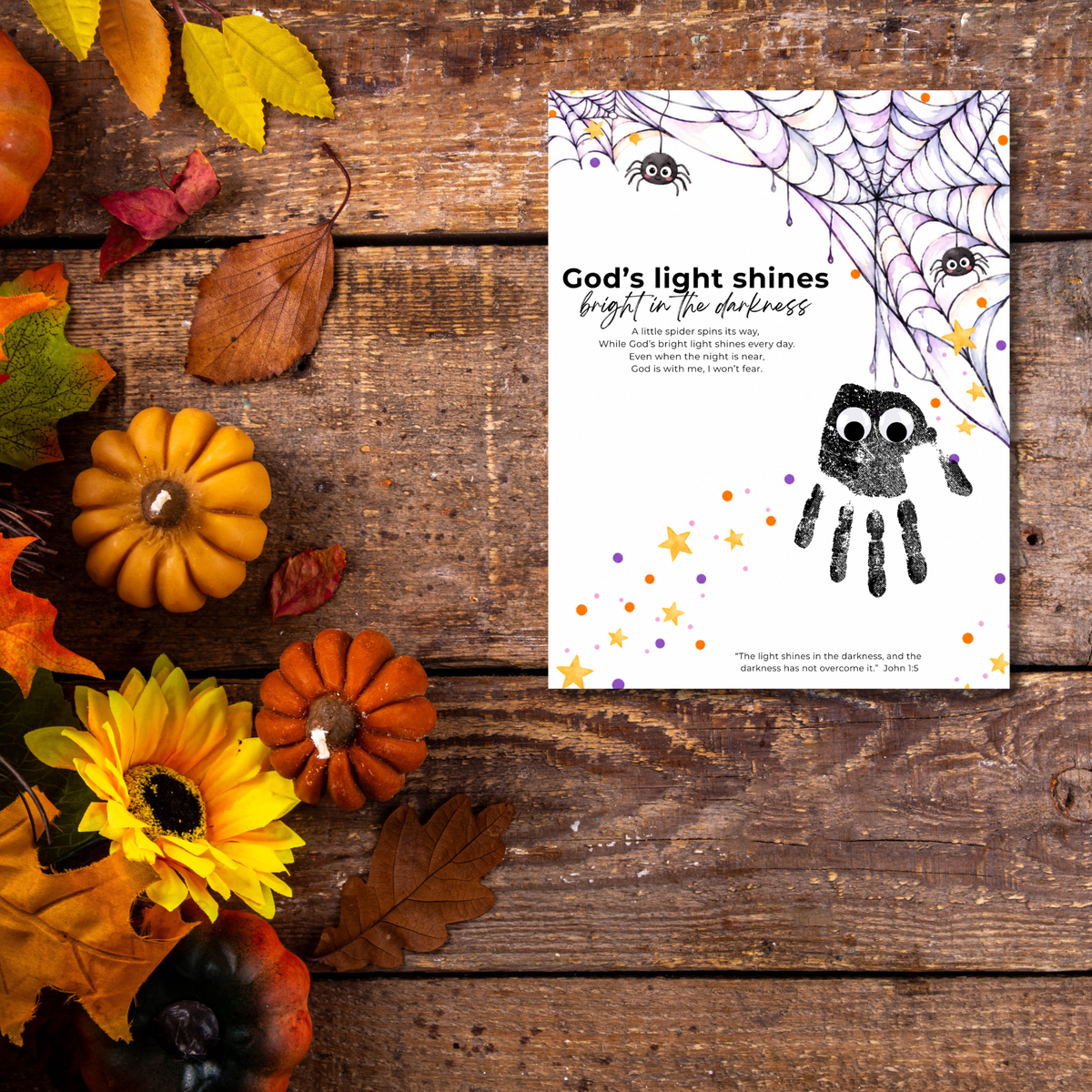 Christian Halloween Handprint Craft for Kids | God’s Light Shines Bright | Spider Bible Verse John 1:5 Printable