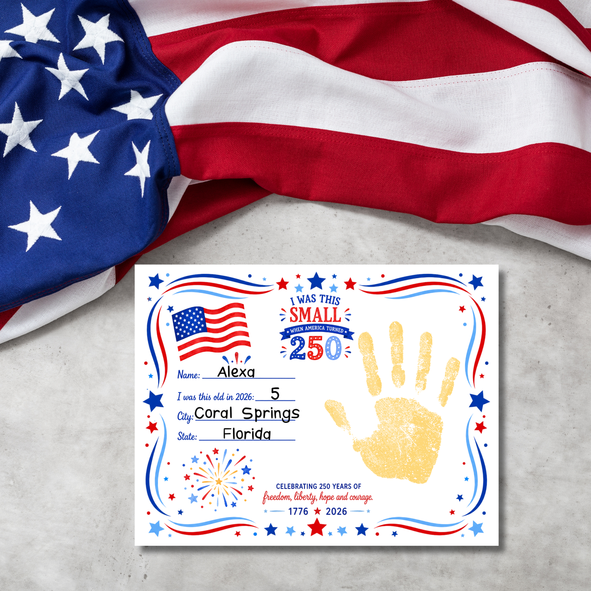 250 Years of Freedom Handprint Craft Printable, Happy Birthday America Keepsake, I Was This Small When America Turned 250, July 4th Activity