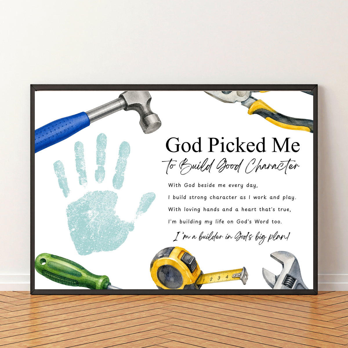 Christian VBS Construction Handprint Craft Printable | God Picked Me to Build Good Character | Vacation Bible School Keepsake Activity