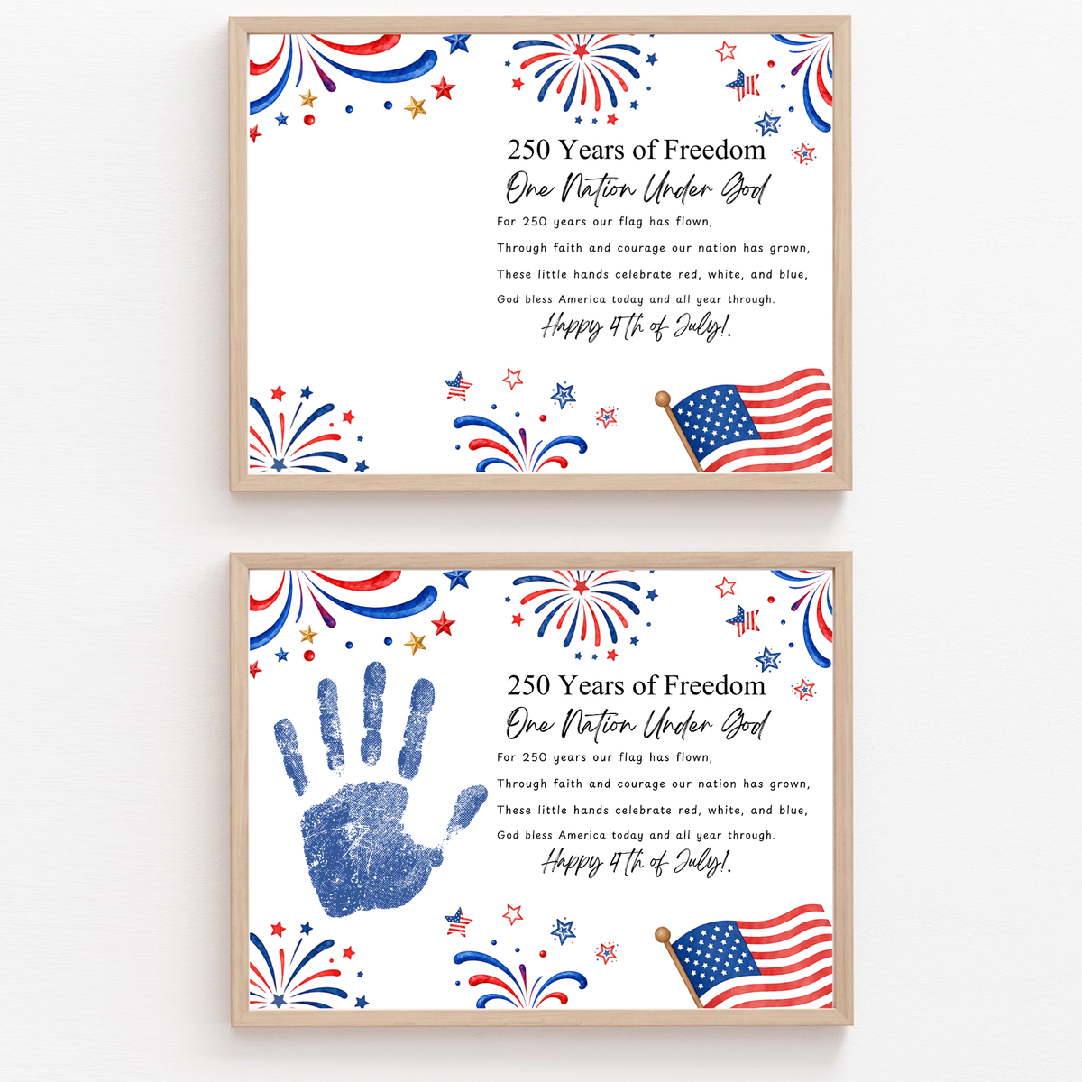 Christian July 4th Poem Handprint Craft Printable, 250 Years of Freedom, One Nation Under God, Patriotic Keepsake Activity for Kids