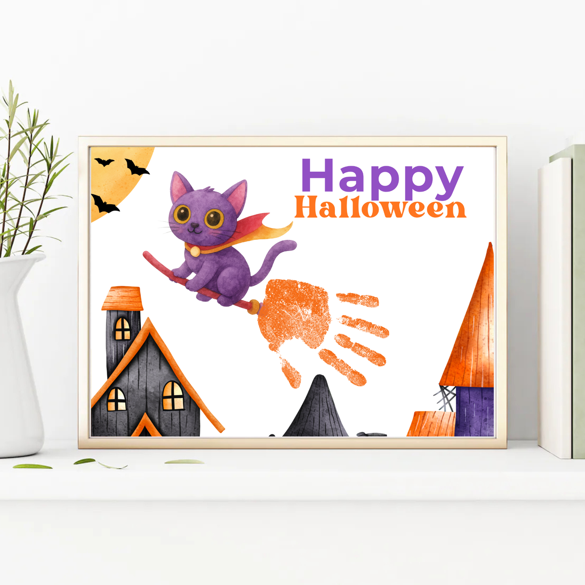 Happy Halloween Cat Handprint Craft Printable | Halloween Witch Cat Keepsake | Preschool Halloween Activity | Daycare & Classroom Fall Craft