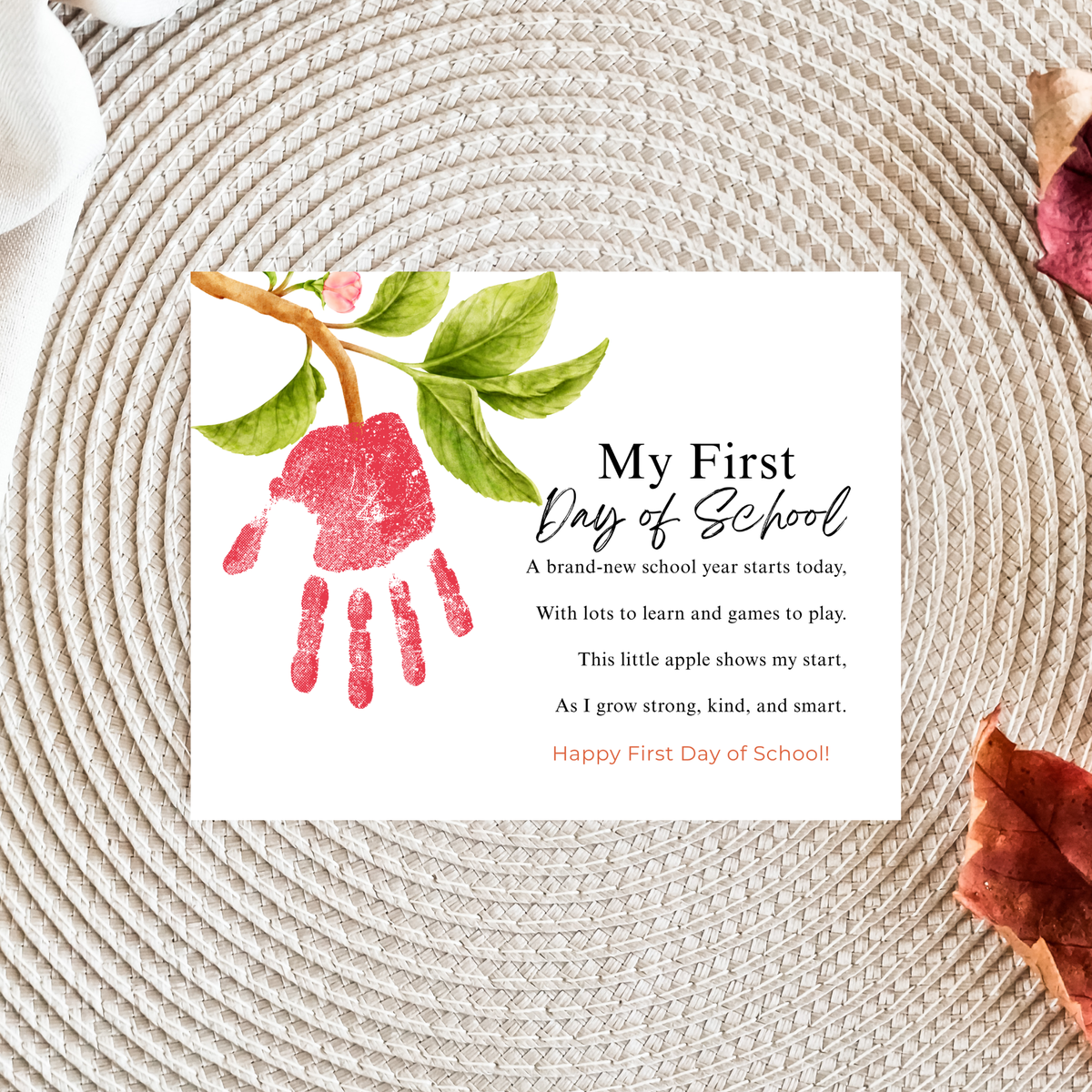 My First Day of School Apple Handprint Craft Printable | Back to School Apple Poem Keepsake | Preschool Kindergarten Activity