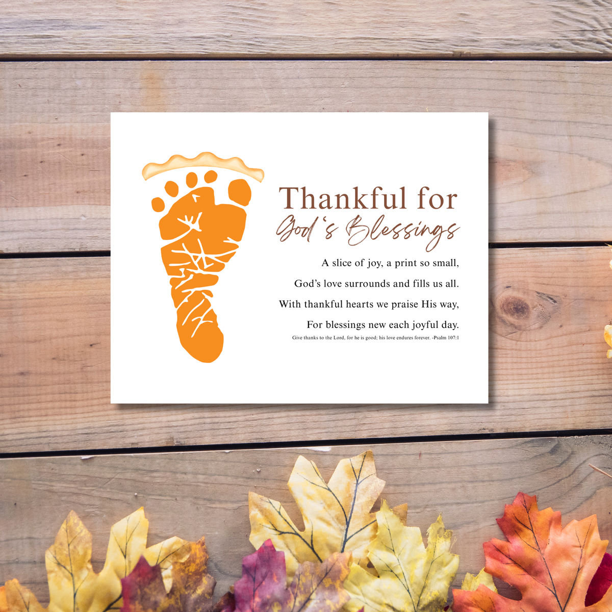 Thankful for God's Blessings Footprint Craft | Christian Thanksgiving Keepsake | Pumpkin Pie Footprint Printable | Psalm 107:1
