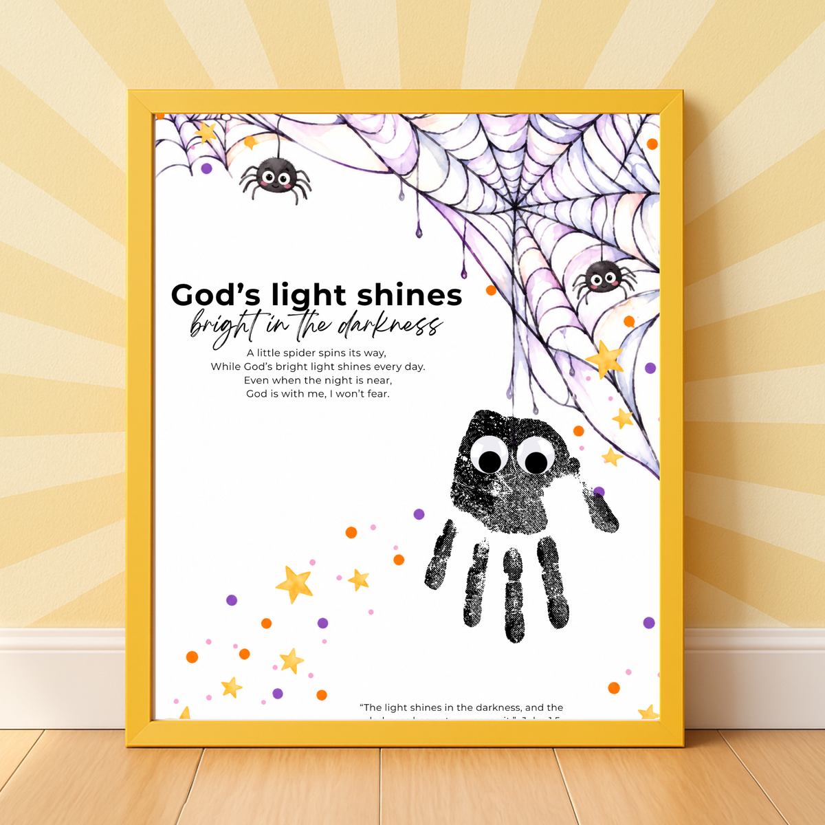 Christian Halloween Handprint Craft for Kids | God’s Light Shines Bright | Spider Bible Verse John 1:5 Printable
