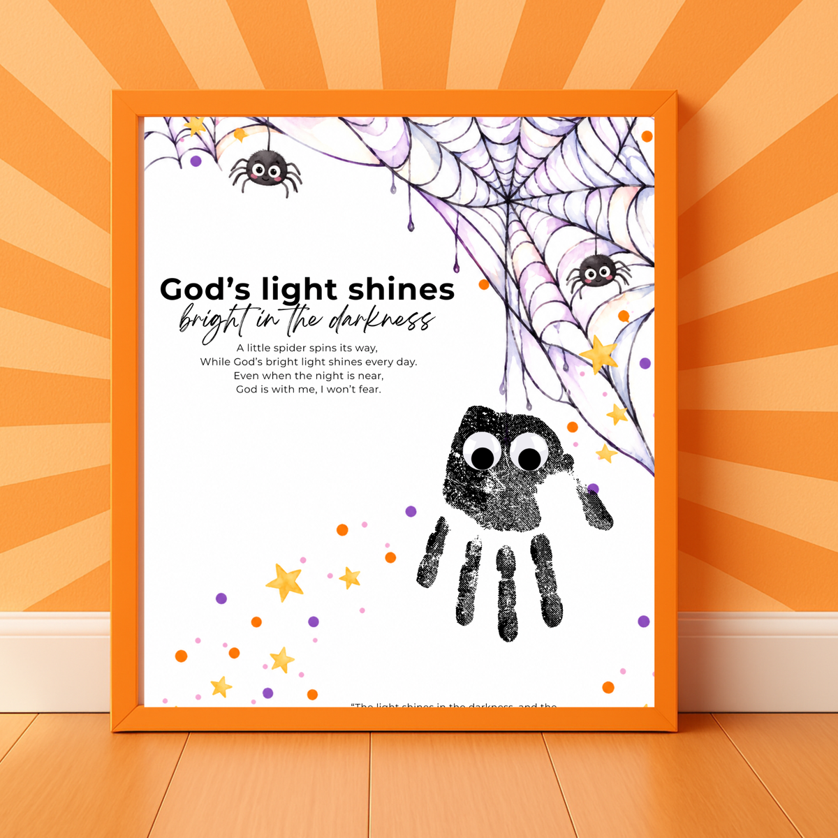 Christian Halloween Handprint Craft for Kids | God’s Light Shines Bright | Spider Bible Verse John 1:5 Printable