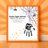 Christian Halloween Handprint Craft for Kids | God’s Light Shines Bright | Spider Bible Verse John 1:5 Printable