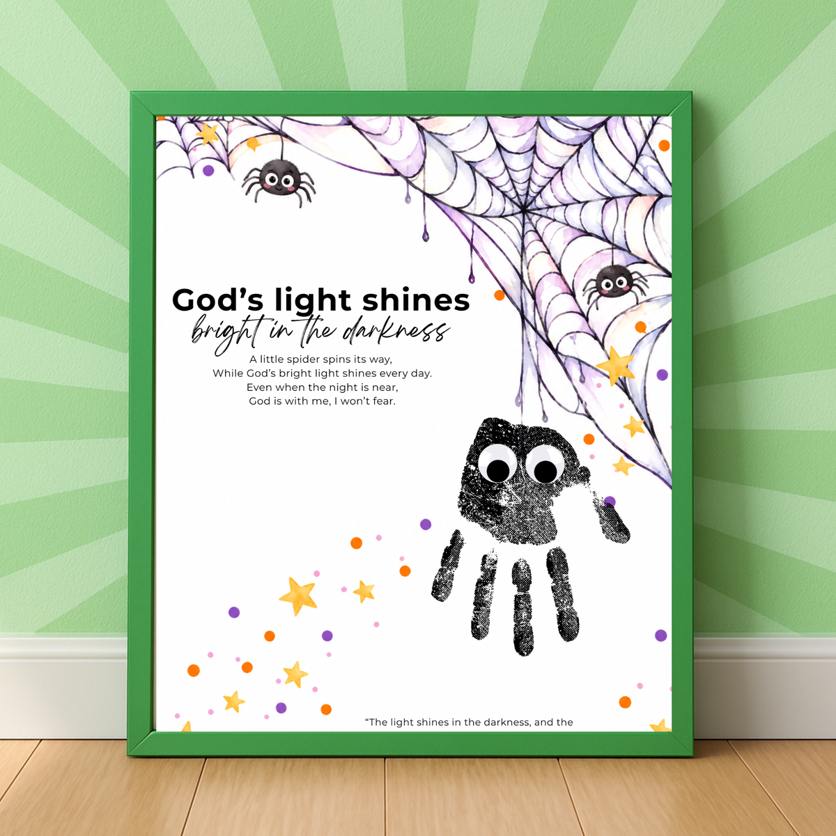 Christian Halloween Handprint Craft for Kids | God’s Light Shines Bright | Spider Bible Verse John 1:5 Printable