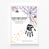 Christian Halloween Handprint Craft for Kids | God’s Light Shines Bright | Spider Bible Verse John 1:5 Printable