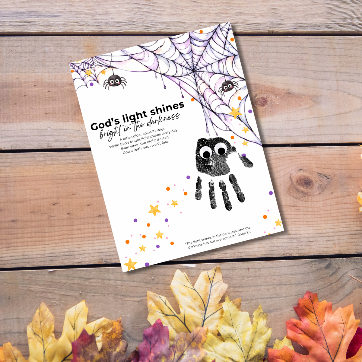 Christian Halloween Handprint Craft for Kids | God’s Light Shines Bright | Spider Bible Verse John 1:5 Printable