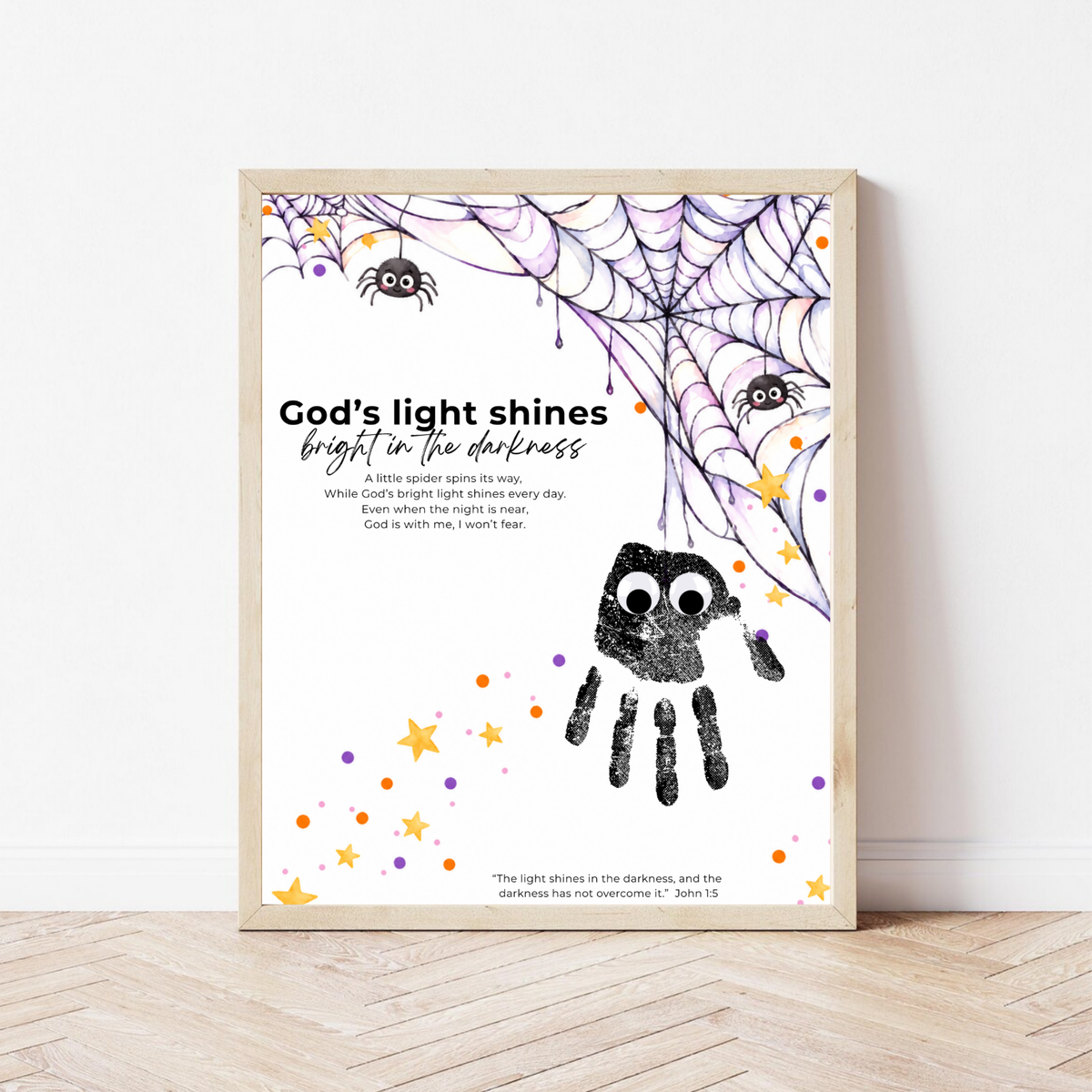 Christian Halloween Handprint Craft for Kids | God’s Light Shines Bright | Spider Bible Verse John 1:5 Printable