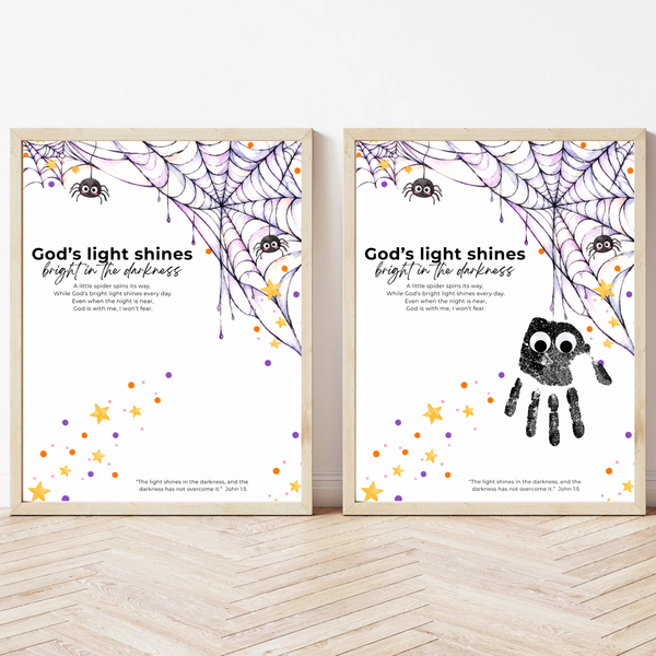 Christian Halloween Handprint Craft for Kids | God’s Light Shines Bright | Spider Bible Verse John 1:5 Printable