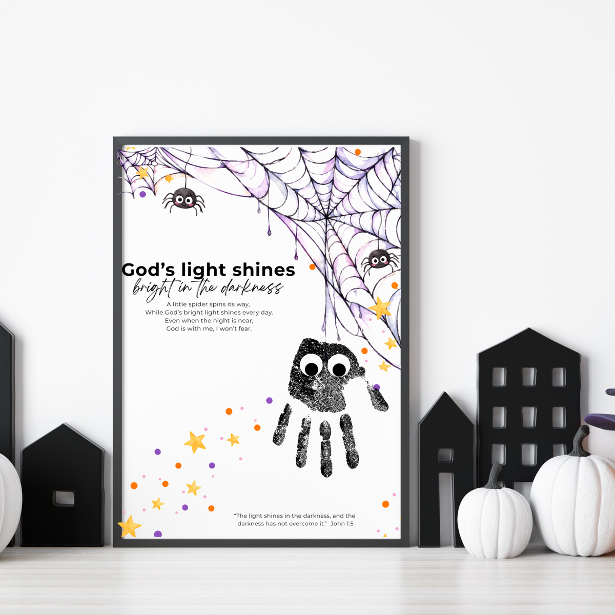 Christian Halloween Handprint Craft for Kids | God’s Light Shines Bright | Spider Bible Verse John 1:5 Printable