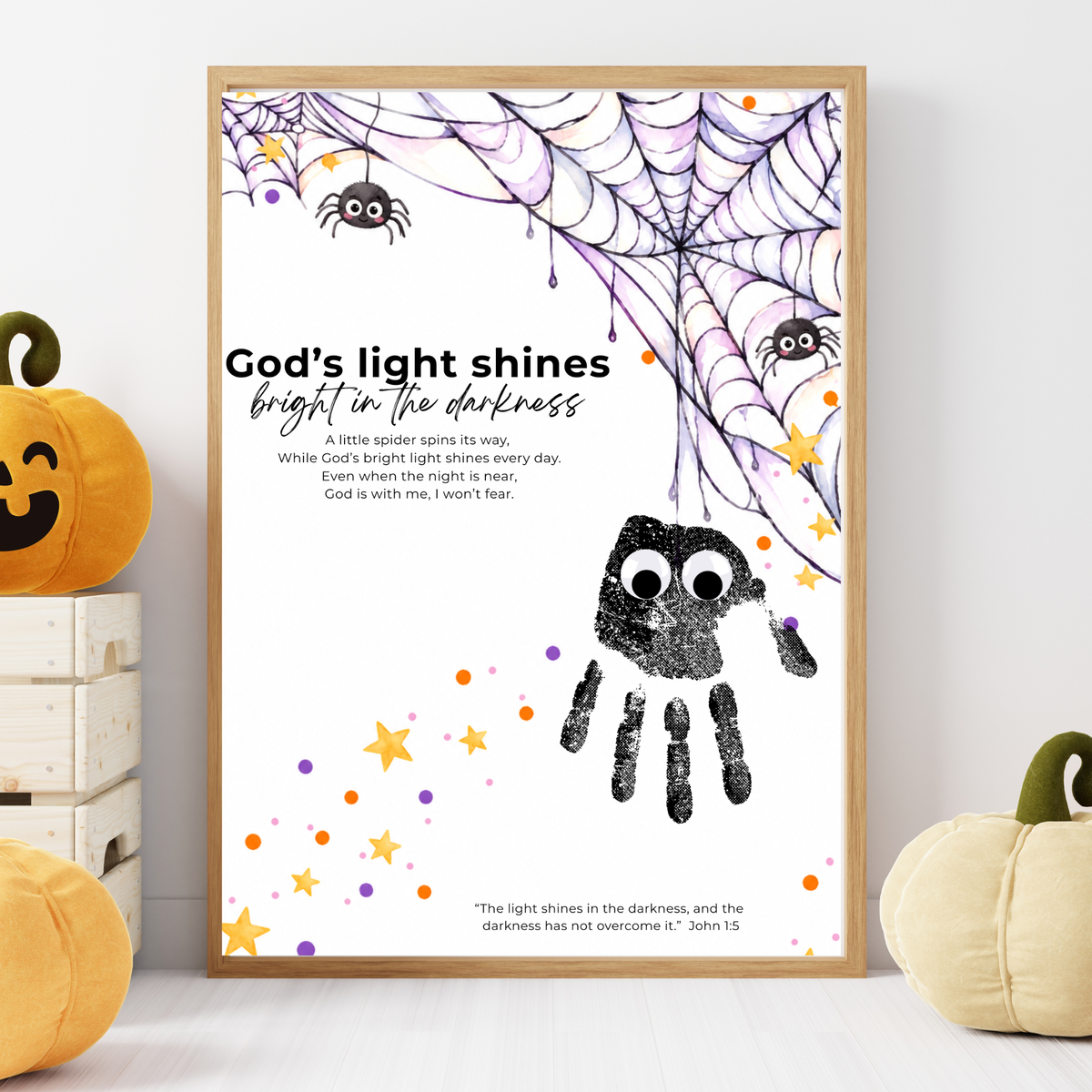 Christian Halloween Handprint Craft for Kids | God’s Light Shines Bright | Spider Bible Verse John 1:5 Printable